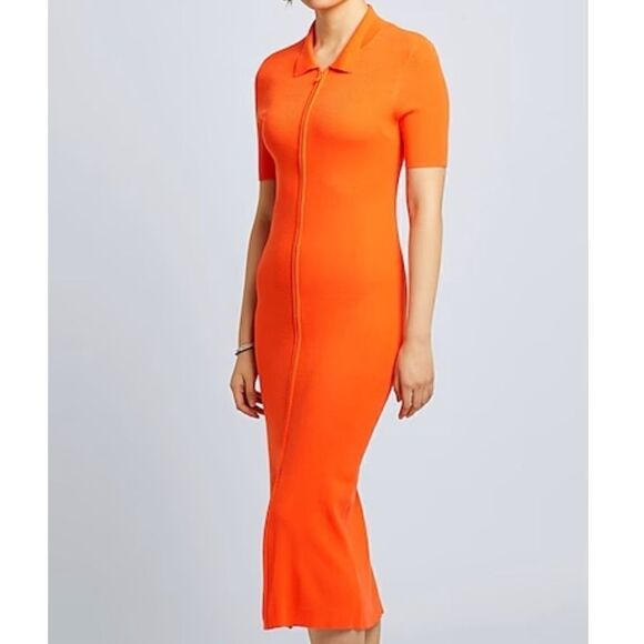 Woman ORANGE KNIT VISCOSE ZIP-UP POLO NECK DRESS Midi New with tag SIZE US XXL​ - Picture 4 of 5